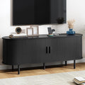 55" TV Stand with Power Outlet, Modern Media Console with Sliding Doors, Entertainment Center for TVs up to 60 Inch, Adjustable Shelves, Black-Ruum Studio Home