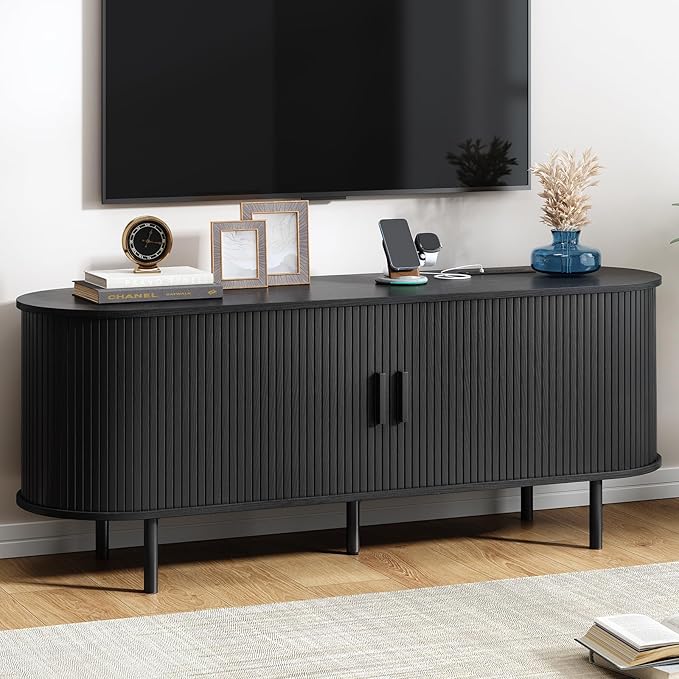 55" TV Stand with Power Outlet, Modern Media Console with Sliding Doors, Entertainment Center for TVs up to 60 Inch, Adjustable Shelves, Black-Ruum Studio Home