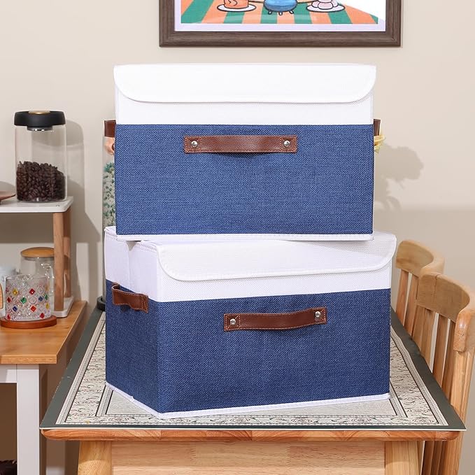 ANMINY 4PCS Storage Boxes with Lid Washable Decorative Storage Bin Basket with PU Leather Handle Foldable Linen Fabric Storage Cube Container for Home Closet Organizer - Deep Blue White, Large Size-Ruum Studio Home