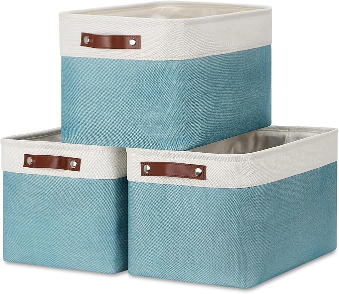 DULLEMELO Storage Baskets for Shelves, Fabric Collapsible Rectangular Storage Bins for Shelves, Closets, Nursery, Home, Empty Gift Baskets (3-Pack Medium-15 inch X 11 inch X 9.5 inch , White&Teal)-Ruum Studio Home
