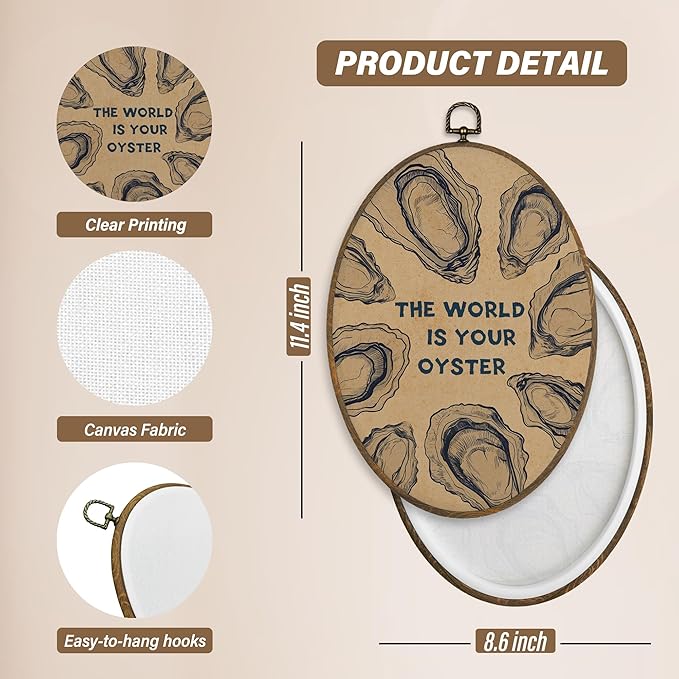 XBBMGG Vintage Oyster Wall Art Decor, Inspirational Retro Beach Oval Wall Hanging Decor, Nautical Ocean The World Is Your Oyster Framed Canvas Prints for Living Room Bathroom Decorations, 8.6 x 11.4 inch-Ruum Studio Home