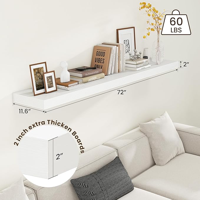White Floating Shelves for Wall - 72 Inch Wide x 12 Inch Deep Wall Shelves Set of 1 - Rustic White Wood Shelves for Living Room, Bathroom, Laundry Room, Bedroom, Kitchen, Home Office-Ruum Studio Home