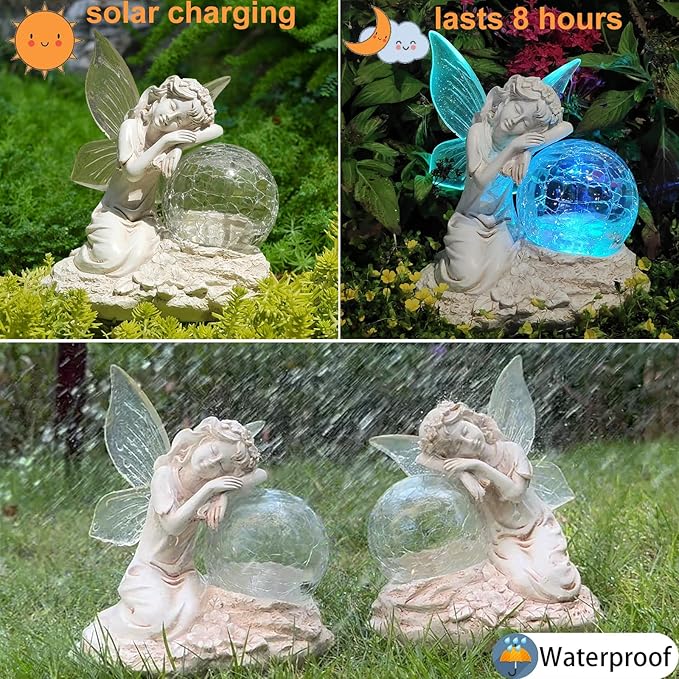 Fairy Garden Statue ，Solar Garden Decor ，Fairy Statue Outdoor with Glass Ball ，Waterproof Outdoor Decor，Suitable for Yard, Lawn ，Ideal for Holiday Giving (Left)-Ruum Studio Home