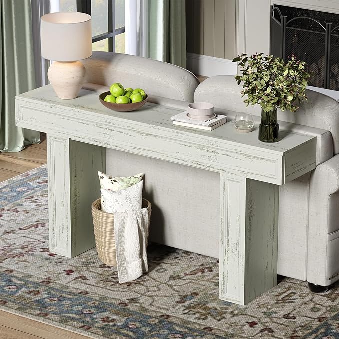 Rresyet 63 Inch Long Console Table, Sofa Table Behind Sofa, Wooden Entryway Table, Farmhouse Entryway Table for Entry, Hallway, Living Room (White)-Ruum Studio Home