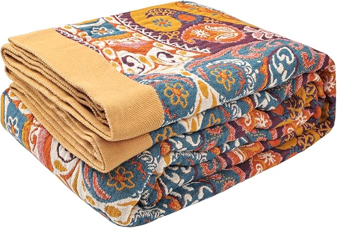 Boho Throw Blanket for Bed - 100% Pure Cotton Ultra Soft Rustic Quilt - Farmhouse Decor Bed Blankets, All Season Rustic Throw for Sofa Couch Chair(60"×80", Boho Flover)-Ruum Studio Home