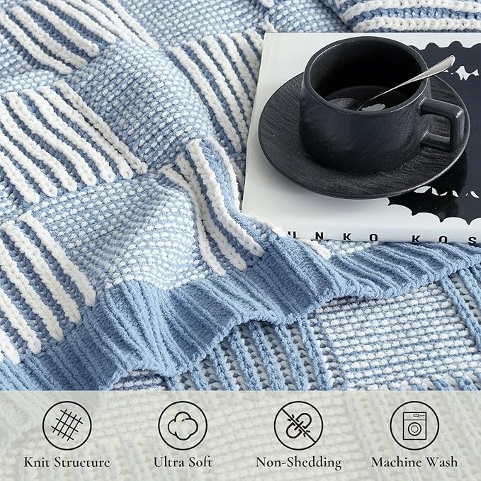 Amélie Home Chenille Knit Throw Blanket for Couch, Checkered Texture Decorative Soft Blanket for Sofa, Bed & Living Room, 50"x60", Blue & White-Ruum Studio Home
