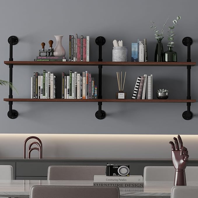 Industrial Pipe Wall Shelves Pipe Shelving with Real Wood Plank,70 Inches Floating Shelves for Wall Farmhouse Pipe Book Shelves Dark Brown 2 Tier for Kitchen,Living Room Decor and Bar Shelving-Ruum Studio Home