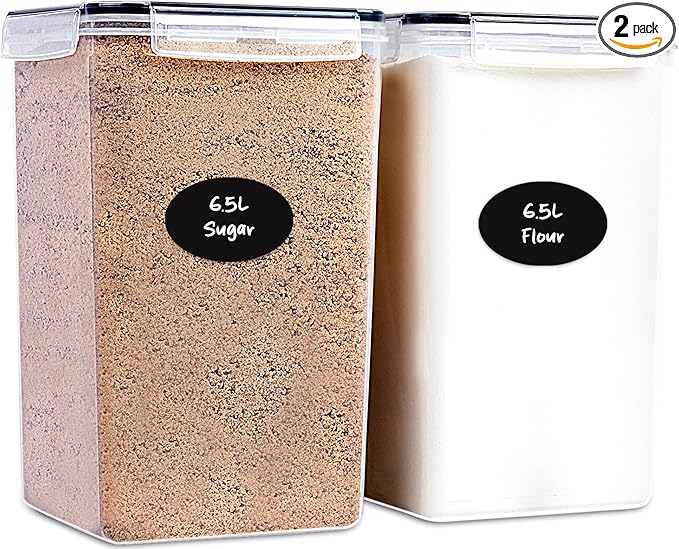 Extra Large Flour and Sugar Storage Containers 6.5L - 220 Fl. Oz 2 Pc Plastic Bulk Airtight Food Storage Rice Containers With Lids - Kitchen Pantry Organizer and Storage Canisters, Marker and Labels-Ruum Studio Home