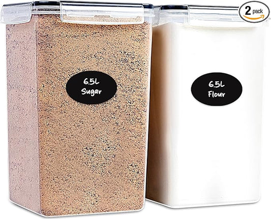 Extra Large Flour and Sugar Storage Containers 6.5L - 220 Fl. Oz 2 Pc Plastic Bulk Airtight Food Storage Rice Containers With Lids - Kitchen Pantry Organizer and Storage Canisters, Marker and Labels-Ruum Studio Home
