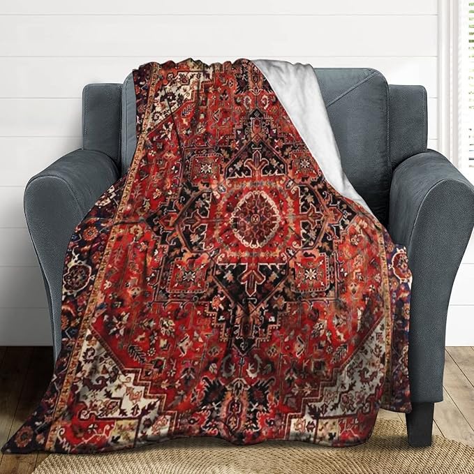 Heriz Antique Vintage Boho Persian Carpet Flannel Fleece Throw Blankets 50"X40" Lightweight Fluffy Winter Fall Blanket Cozy Soft Fuzzy Plush Home Decor for Couch Bed Sofa Bedroom Living Room Travel-Ruum Studio Home