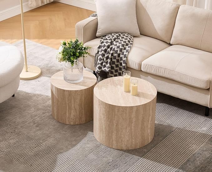 CIMOTA Round Wood Nesting Coffee Table Set of 2, Modern Circle Travertine End Side Table Sets for Living Room, Light Wooden Color/No Assembling-Ruum Studio Home