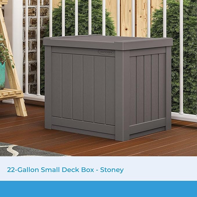 Suncast 22-Gallon Small Deck Box - Lightweight Resin Indoor/Outdoor Storage Container and Seat for Patio Cushions and Gardening Tools - Store Items on Patio, Garage, Yard - Stone Gray, Made in the USA-Ruum Studio Home