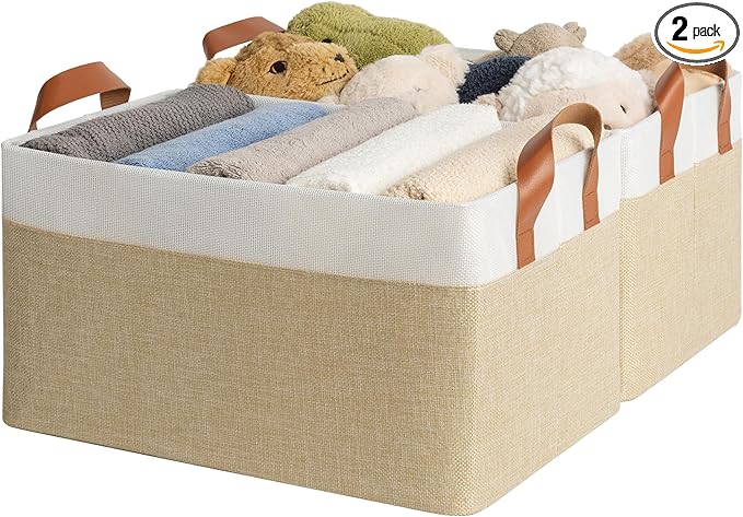 GRANNY SAYS Storage Baskets for Shelves, Closet Organizer Bins, Clothes Storage Bins with Metal Frame, Large Baskets for Organizing and Storage, Collapsible, Khaki, 2-Pack-Ruum Studio Home