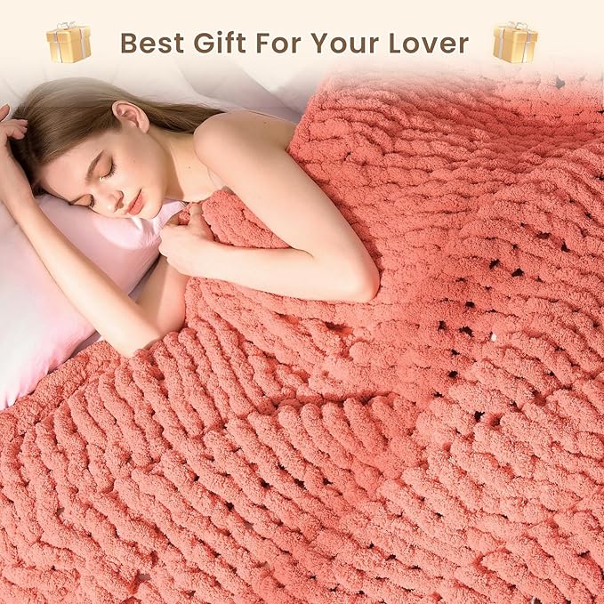 L'AGRATY Chunky Knit Blanket Throw: 50''x60'' Chenille Chunky Knitted Throw Blankets for Bed Couch - Handmade Thick Cable Knit Blanket - Large Crochet Rope Blankets for Home Decor(Coral Pink)-Ruum Studio Home