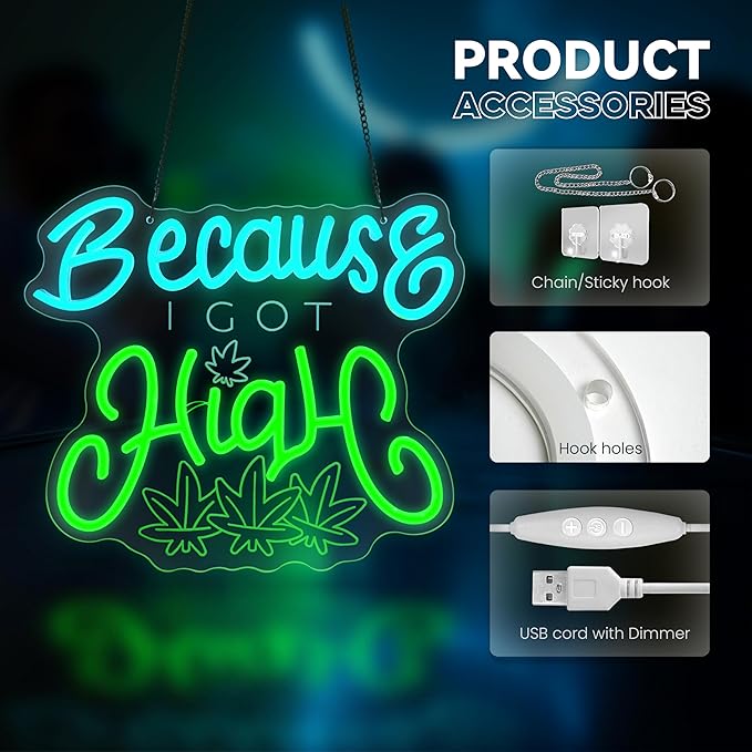 Leaf Neon Sign, Because I Got High Neon Signs for Wall Decor, Dimmable Acrylic Neon Lights for Living Room Bedroom Bar Pub Club Man Cave Game Room Hotel Party Decorations-Ruum Studio Home