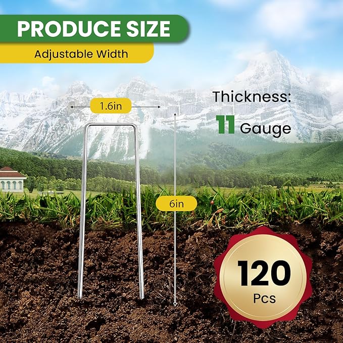 Landscape Staples Galvanized 6 Inch 120 Pcs, Metal Garden Stakes 1.6 Inch, Garden Staples for Lawn 11 Gauge-Ruum Studio Home