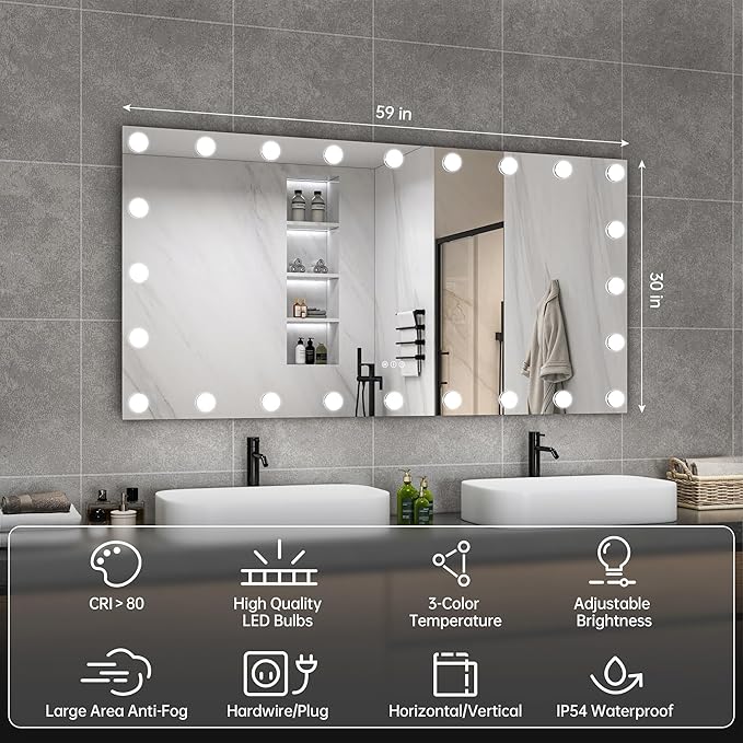 Hasipu LED Bathroom Mirror with Lights, 59" x 30" Hollywood Wall-Mounted Bathroom Mirror with 24 Dimmable Bulbs, 3 Colors Modes, Touch Control, Anti-Fog, Memory Function, Shatter-Proof, ETL Listed-Ruum Studio Home