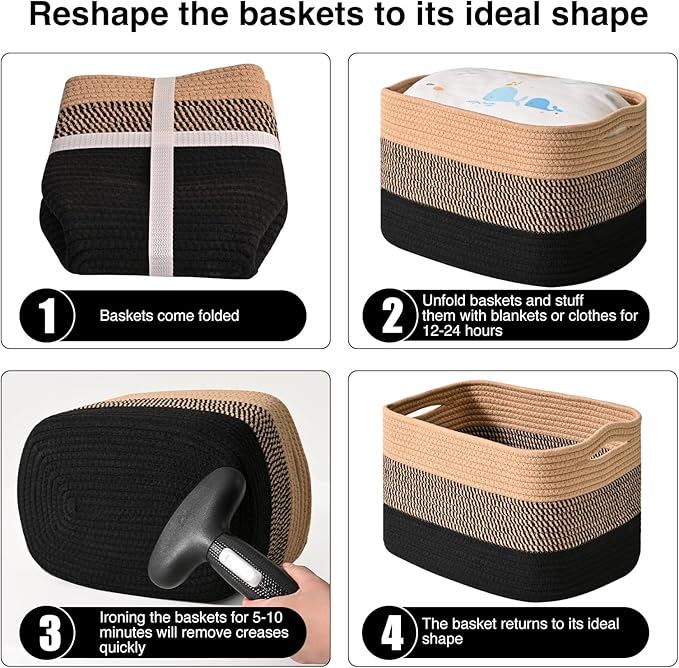 Storage Baskets for Shelves Organizing, Woven Cotton Rope Baskets for Storage, Book Basket, Towel Basket, 12.5"Lx9.1''Wx7.9''H (4 Packs) Gradient Black & Jute-Ruum Studio Home