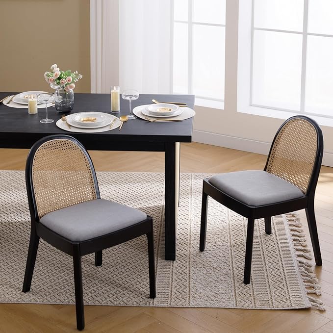 Mid Century Dining Chairs Set of 6, Accent Rattan Side Chairs Linen Fabric Kitchen Chair with Solid Wooden Legs for Living Room Dining Room, Grey-Ruum Studio Home