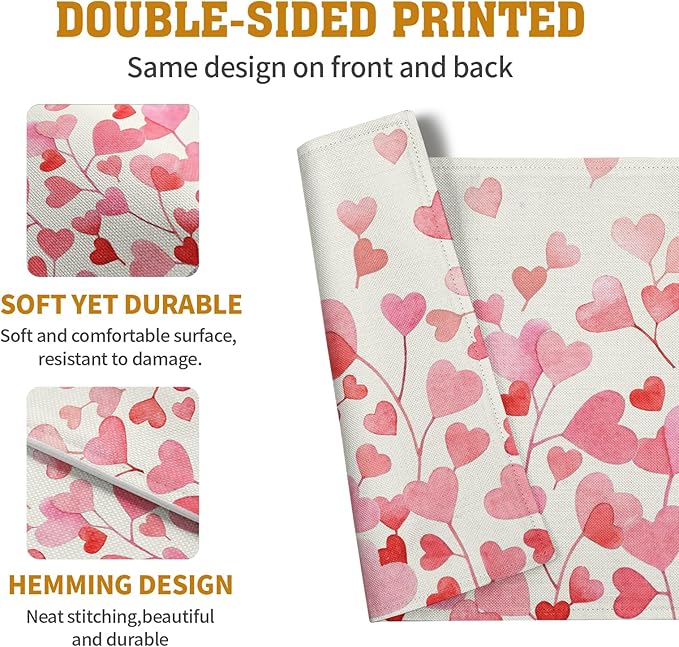 Pink Love Heart Valentine's Day Placemats Set of 4 Valentine Seasonal Holiday Linen Table Mats 12x18 Inch Anniversary Wedding Sweet Romantic Place Mats for Party Kitchen Dining Outdoor Indoor Decor-Ruum Studio Home