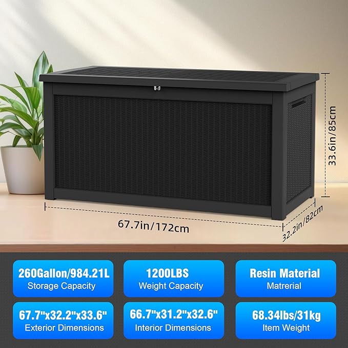 260 Gallon Deck Box XXL Large Outdoor Storage for Patio Furniture,Outdoor Cushions,Garden Tools and Pool Supplies,Waterproof,Resin,Lockable(Black Rattan)-Ruum Studio Home