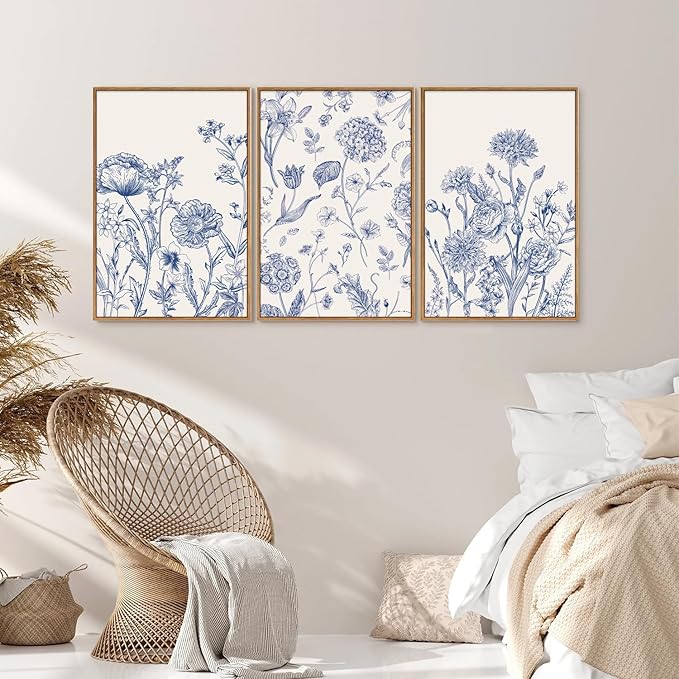 Tinonedraw Large Classic Chinoiserie Flower Framed Canvas Wall Art Set, Navy Blue and White Floral Wall Decor, Minimalist Neutral Botanical Art Printing for Living Room Bedroom Office Dorm 16"x24"x3-Ruum Studio Home