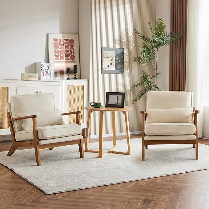 Karl home Accent Chair Wide Armrest Mid-Century Lounge Chair Linen Fabric Armchair with Lumbar Pillow & Solid Wood Frame for Living Room, Bedroom, Balcony, Beige-Ruum Studio Home