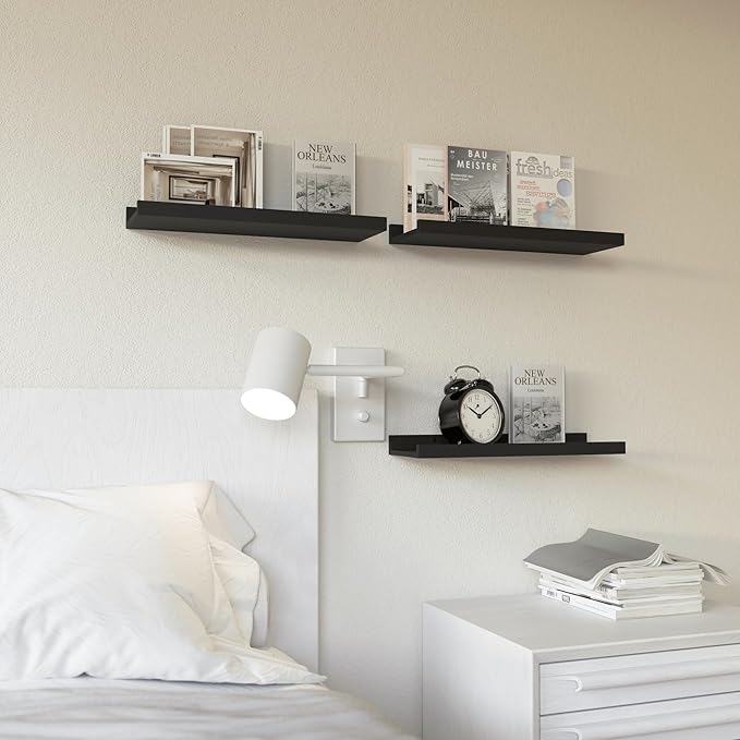 RICHER HOUSE 3 Set Floating Shelves for Wall, Black Wall Mounted Shelves with Lip for Storage, Display Picture Ledge Shelf for Bedroom Bathroom Kitchen Living Room Decor, Modern Black-Ruum Studio Home