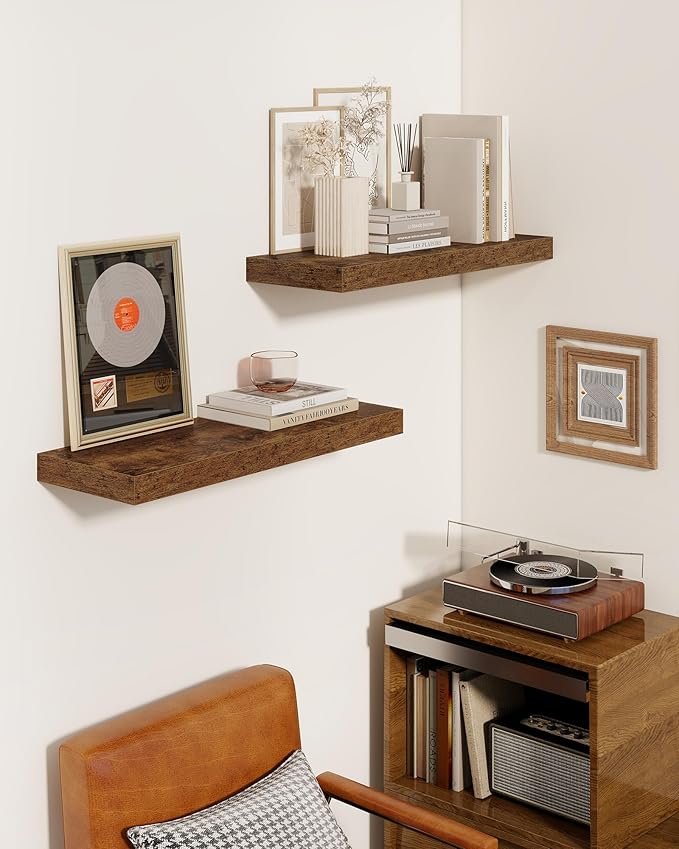 Marsmiles 24" Floating Shelves for Wall, Wooden Shelves with Invisible Brackets Set of 2, Rustic Farmhouse Wall Mounted Shelf for Kitchen Bathroom Living Room Study, Rustic Brown-Ruum Studio Home