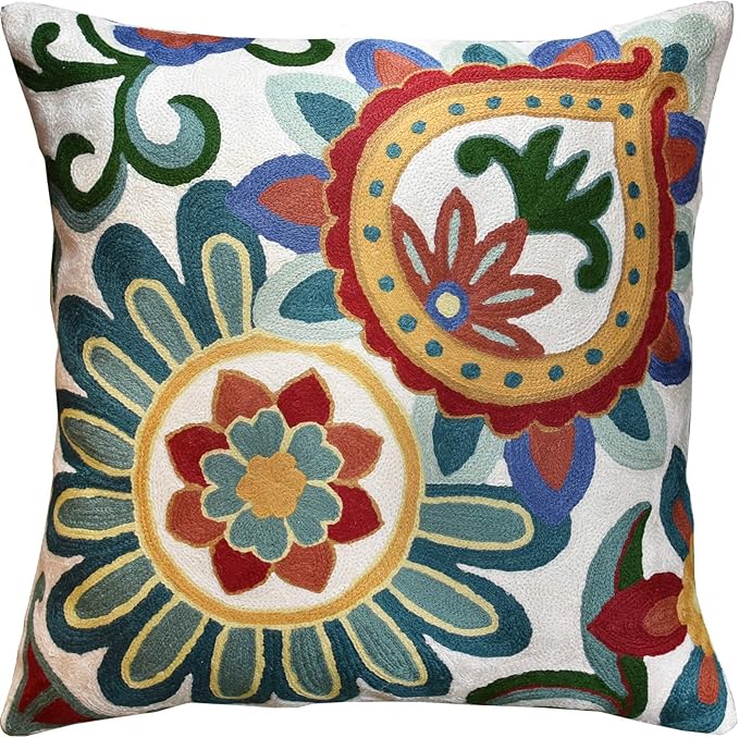 Daisy Floral Pillow Cover Teal Flower Pillowcase Flowery Outdoor Cushion Suzani Accent Pillowsham Flower Floral Chair Cushion Hand Embroidered Cushions Wool Size 18x18-Ruum Studio Home