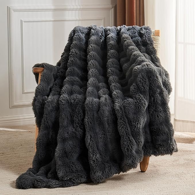 Lotus Karen Faux Fur Blanket Dark Gray Twin Size - Big Bubble Rabbit Fluff Throws for Couch Small Fluffy Fuzzy Cozy Thick Furry Plush Shaggy Blankets 60x80 Inches-Ruum Studio Home