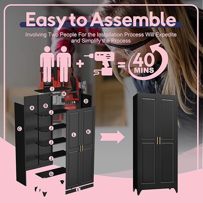 75" Storage Cabinet, Metal Pantry Cabinet, Kitchen Pantry Storage Cabinets with Doors and 4 Shelves, Cabinets for Laundry Room, Living Room, Dinning Room, Assembly Required, Black-Ruum Studio Home