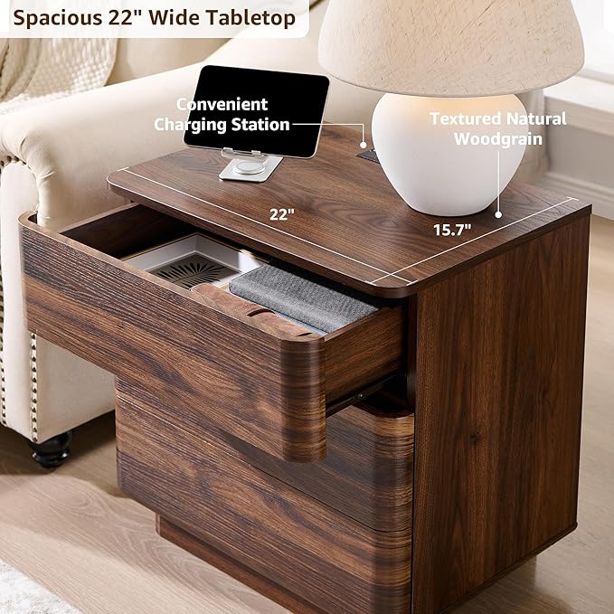 JXQTLINGMU 22" Modern Nightstand with Charging Station, Large Push-to-Open End Table, Wood Bedside Table w/Curved Profile Design, Handleless 3 Drawer Night Stand for Bedroom, Living Room, Brown-Ruum Studio Home