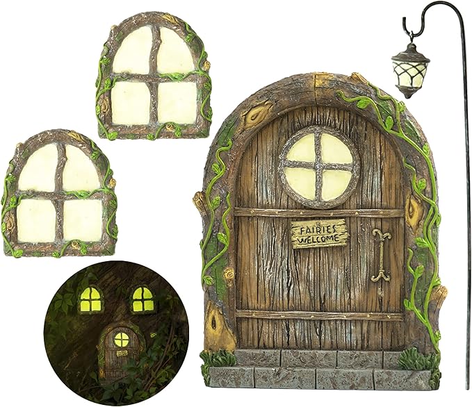 Fairy Door and Windows – Glow in The Dark Yard Art Sculpture Decoration for Kids Room, Wall and Trees Outdoor | Miniature Garden Outdoor Decor Accessories with Bonus Fairy Lantern-Ruum Studio Home
