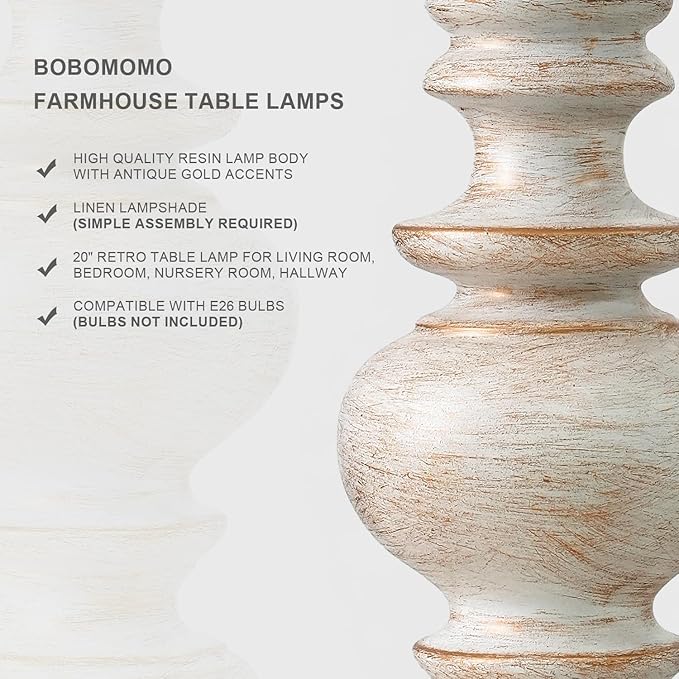 BOBOMOMO 20" Retro Table Lamps Set of 2 - Farmhouse Lamp for Living Room with Linen Shades, Rustic Bedside Nightstand Lamps, Resin Lamps for Bedroom Nursery Room Hallway - Ideal for Compact Spaces-Ruum Studio Home