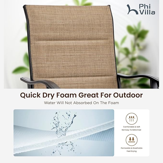PHI VILLA 5 Piece Outdoor Bar Set, High Top Patio Dining Table and Chairs with 4 Swivel Padded Bar Stools (Brown) & Wood-Like Steel Bar Table for Deck, Garden, Poolside and Porch-Ruum Studio Home
