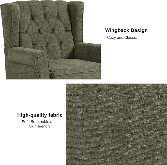 Accent Chair, Upholstered Armchair with Button Tufted High Back & Solid Wood Legs, Comfy Wingback Reading Single Sofa Chair for Small Spaces, Living Room, Bedroom (Green, Set of 2)-Ruum Studio Home