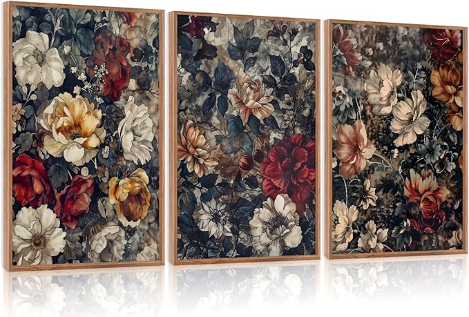 Aurlan Dark Moody Boho Wildflowers Wall Art Set(16"x24"), 3 Pieces Vintage Mid Century Modern Floral Framed Canvas Artwork, Large French Penoy Botanical Wall Decor for Office Bedroom Living Room-Ruum Studio Home