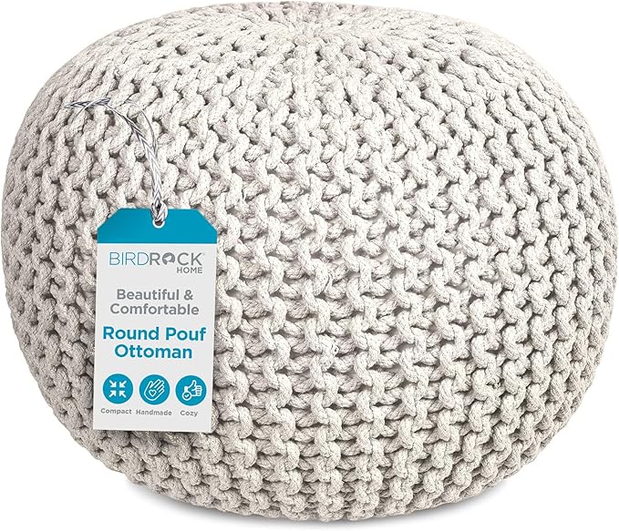 BIRDROCK HOME Round Pouf Ottoman | Cotton Braided Foot Stool with Bean Bag Filling | Boho Foot Rest for Living Room & Bedroom | Compact & Comfortable Seating, Lightweight & Soft | Natural-Ruum Studio Home