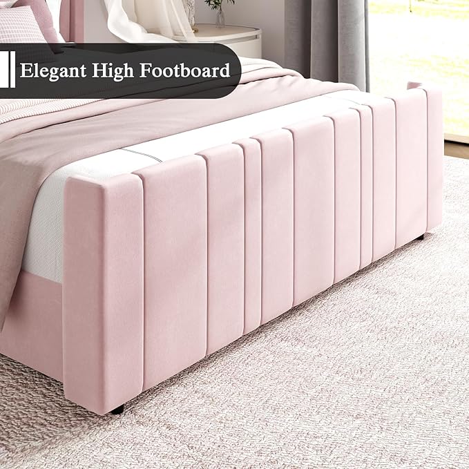 HOMBCK Queen Bed Frame Pink Upholstered Bed with Vertical Channel Tufted Headboard & 22" Footboard, Noise Free/Wooden Slats/Noise Free/No Box Spring Needed/Easy Assembly-Ruum Studio Home