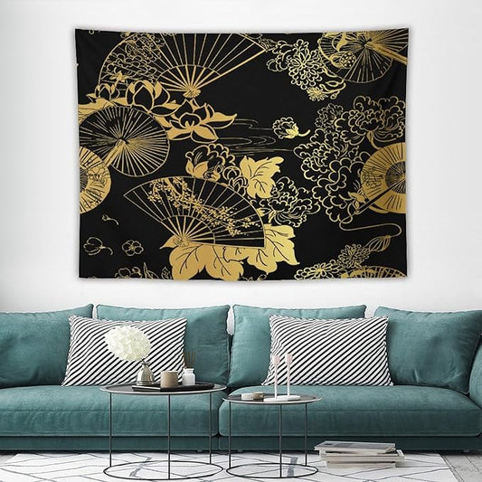 HZOHNAGO Japanese Tapestry Gold Flowers Umbrella Fan Pattern Printed Wall Tapestry Painting Wall Hanging for Bedroom Living Room Dorm 80" W x 60" H-Ruum Studio Home