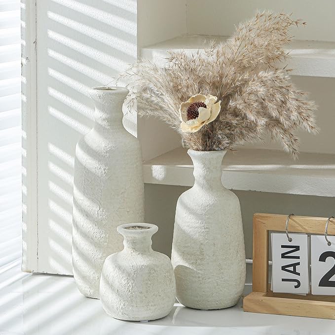 Ceramic Vase Set of 3, Neutral Rustic Vases Home Decor Farmhouse Decorative Vase Whitewashed Pottery Decor Boho Modern for Table Mantel Entryway Bookshelf Living Room Kitchen Bathroom Bedroom - White-Ruum Studio Home