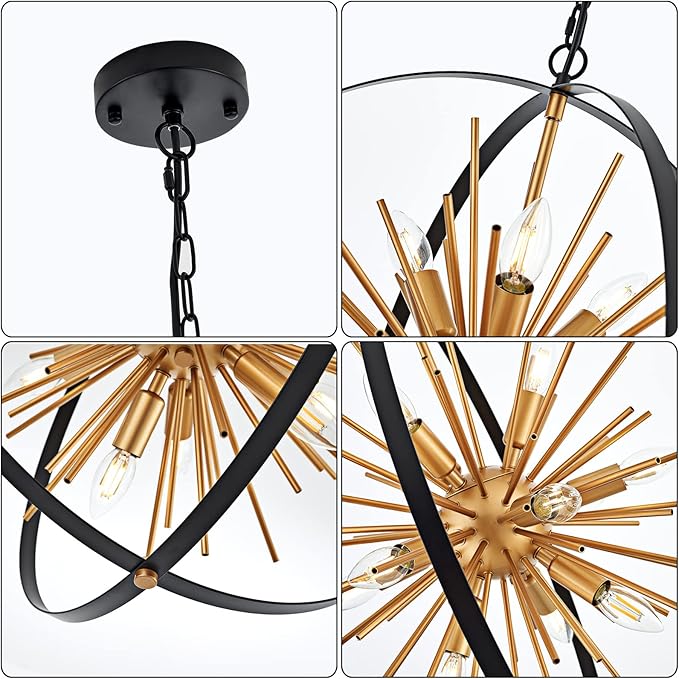 23.2'' Black Gold 12-Light Globe Sputnik Chandelier Modern Industrial Adjustable Hanging Ceiling Firework Pendant Light Fixture for Entryway Foyer Bedroom Dining Living Room Hallway-Ruum Studio Home