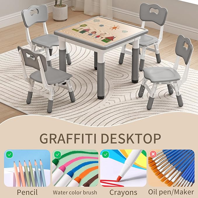 Kids Table and Chairs, Height Adjustable Childrens Table and Chair Set, Kids Tables for Age 2-8, Graffiti Desktop, Table for Kids with 2 Seats, Small Kids Table, Max 300lbs, Grey-Ruum Studio Home