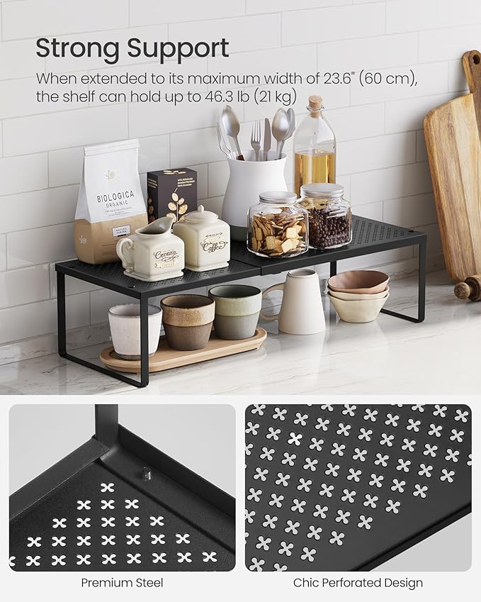 SONGMICS Spice Rack, Expandable Kitchen Countertop Shelf, Small Cupboard Organizer, Metal, Space-Saving Tabletop Shelf, Matte Black UKCS007B01-Ruum Studio Home