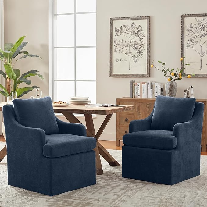 VKNOW Upholstered Dining Chairs, Modern Kitchen Chairs Dinner Chairs with 4 Casters, Linen Armchair for Bedroom Reading Room Living Room, Navy-Ruum Studio Home