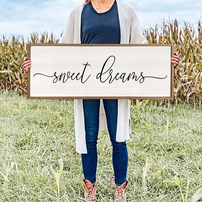 Sweet Dreams Wall Decor Above Bed 40''×15'' Master Bedroom Large Sweet Dreams Sign Farmhouse Wall Decor Guest Room Wood Rustic Framed Over Bed Wall Art Hanging Decoration (Wood White)-Ruum Studio Home