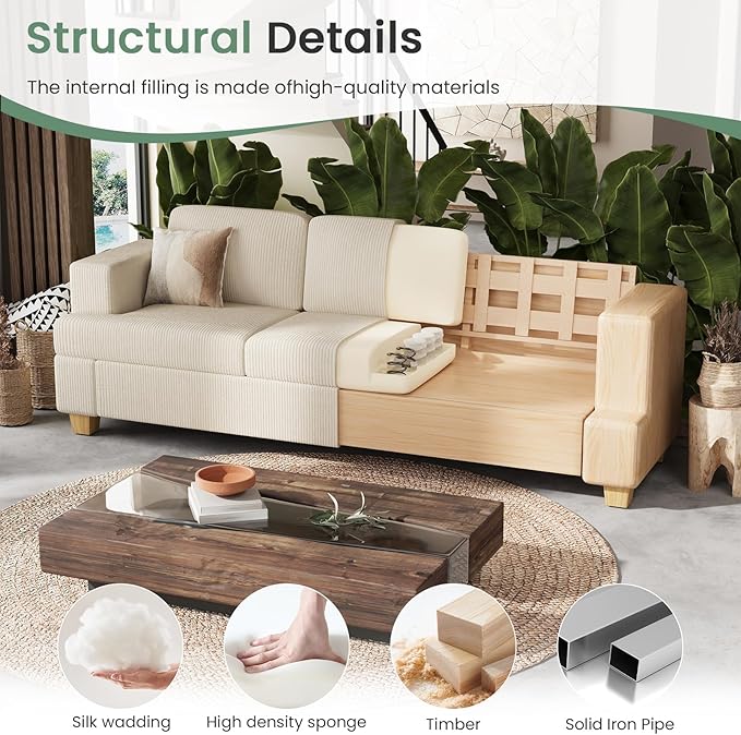 63" Corduroy Sofa Couch Loveseat for Living Room, Small Seep Seat Loveseat Sofa for Bedroom, Comfy Chenille Couch for Small Spaces, White Corduroy-Ruum Studio Home