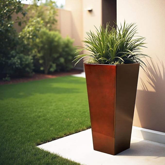 WORTH Garden 25" Large Metal Glazed Planter Set of 2, Luxurious Glossy Finish Red Tall Square Tapered Steel Plant Pots, Decor Flower Pot Indoor & Outdoor, Drainage Hole & Dual-Purpose Plant Saucer-Ruum Studio Home
