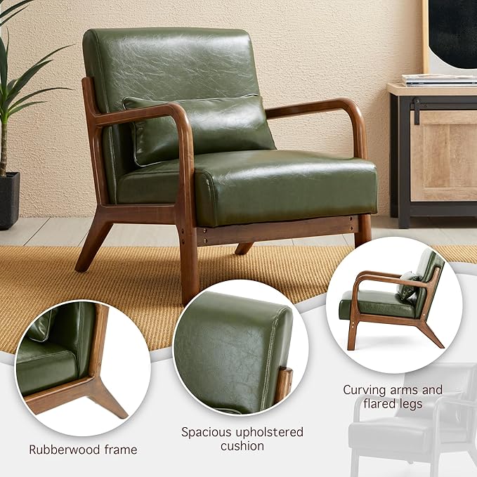 Glitzhome Mid Century Hunter Green Accent Armchair, Single Reading Armchair PU Leather Lounge Chair with Walnut Ruberwood Frame-Ruum Studio Home